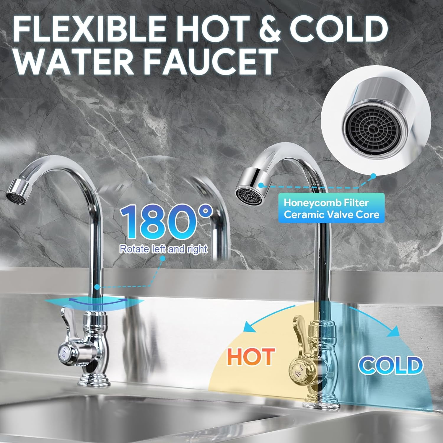 3-Compartment Sink, 39'' x 18'' x 36'' Stainless Steel Utility Sink, Free Standing Three Bowl Kitchen Sink Set with 2 Faucets Hot & Cold Water Pipes for Food Truck, Bar, Restaurant
