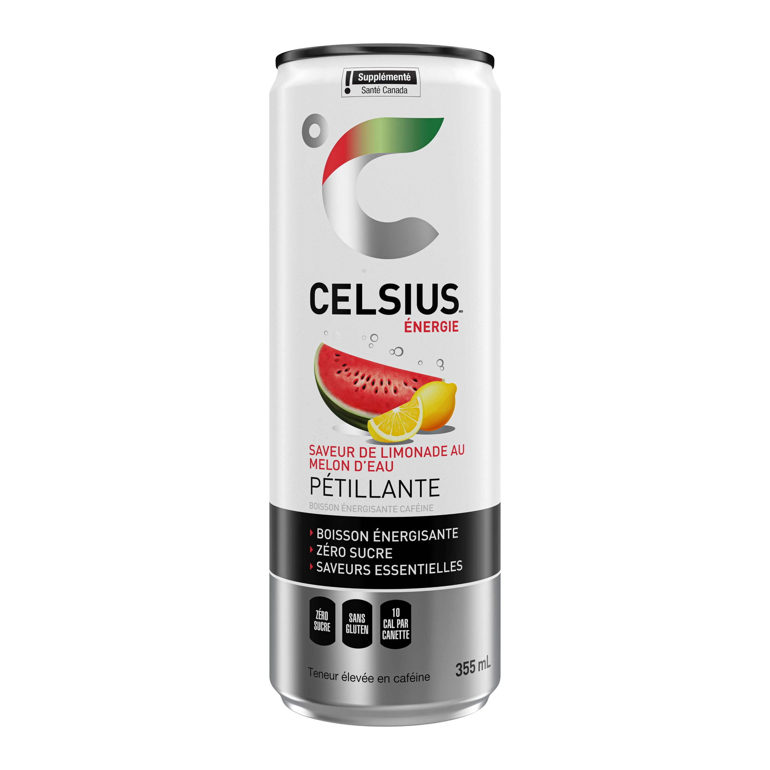 Celsius Water Lemonade Energy Drink 355 mL, Can, Taste summertime every time with the perfect fusion of juicy watermelon and freshly squeezed lemonade in CELSIUS Sparkling Watermelon Lemonade. Zero sugar per 355ml can.​