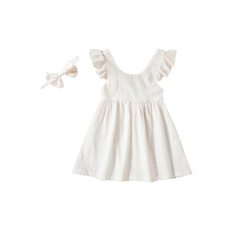 

Suanret Kids Toddler Girls Summer 2Pcs Outfit Solid Flying Sleeve O Neck Backless Dress + Headband Clothes Sets White 3-4 Years