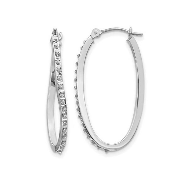 14K White Gold  Oval Hoop Twist Earrings (1 1/4 Inch) with Diamond Accent