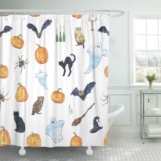 ABPHQTO Acuarela de Halloween con murciélago fantasma Gato negro Búho Araña Sombrero de bruja Escoba Besom Juego de cortinas de ducha de baño impermeables 165x180 cm ABPHQTO PKNMT66x72Shower-10395