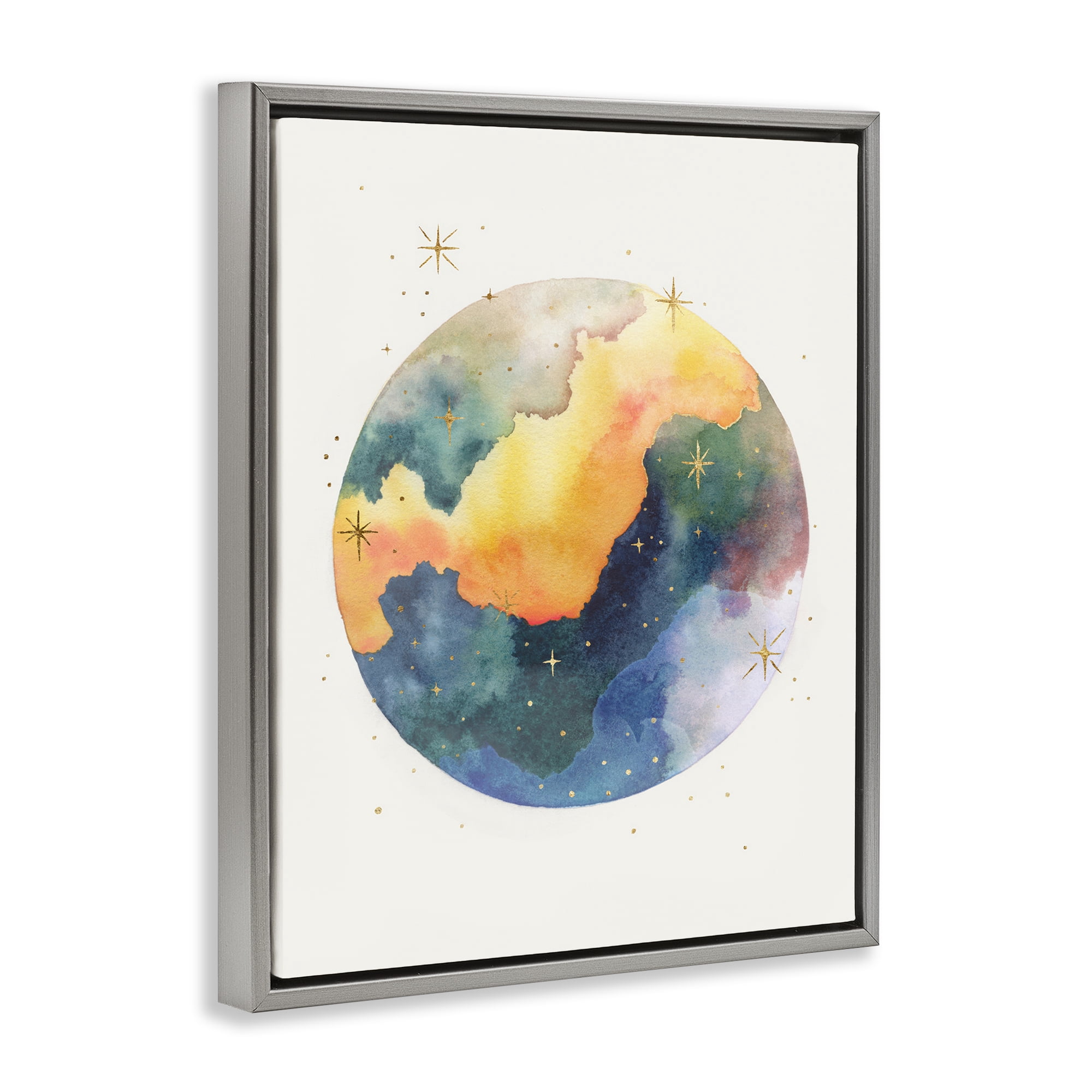 Stupell Industries Nebula & Stars Watercolor STEM Painting Gray Floater Framed Canvas Art Print Wall Art, 17 x 21