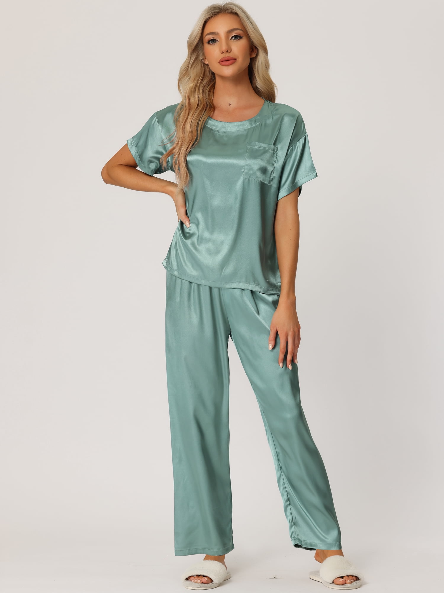 DARING DIVA Women's Satin Pajamas Sleepwear Summer Outfits Short Sleeves Tops M Green