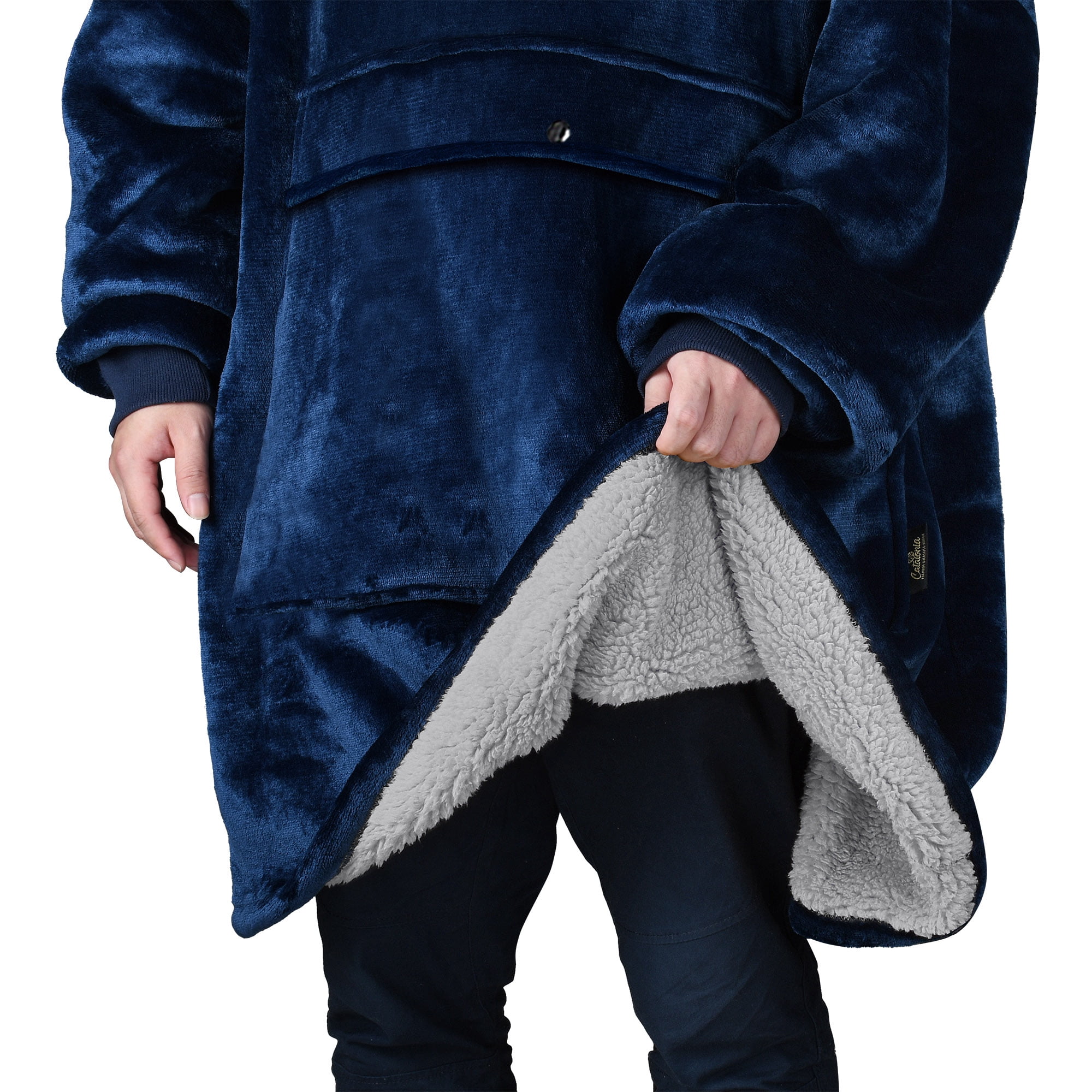 Catalonia Oversized Blanket Hoodie Sweatshirt, Comfortable Wearable Blanket Pullover Adults, Blue Silver