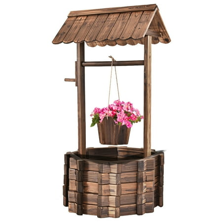 Flower Bucket Florist Costway Outdoor Wooden Wishing Well Bucket Flower Plants Planter Patio Garden Home Decor ()