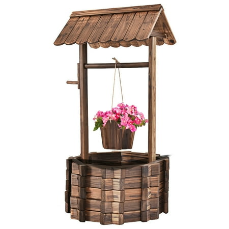 Costway Outdoor Wooden Wishing Well Bucket Flower Plants Planter Patio Garden Home