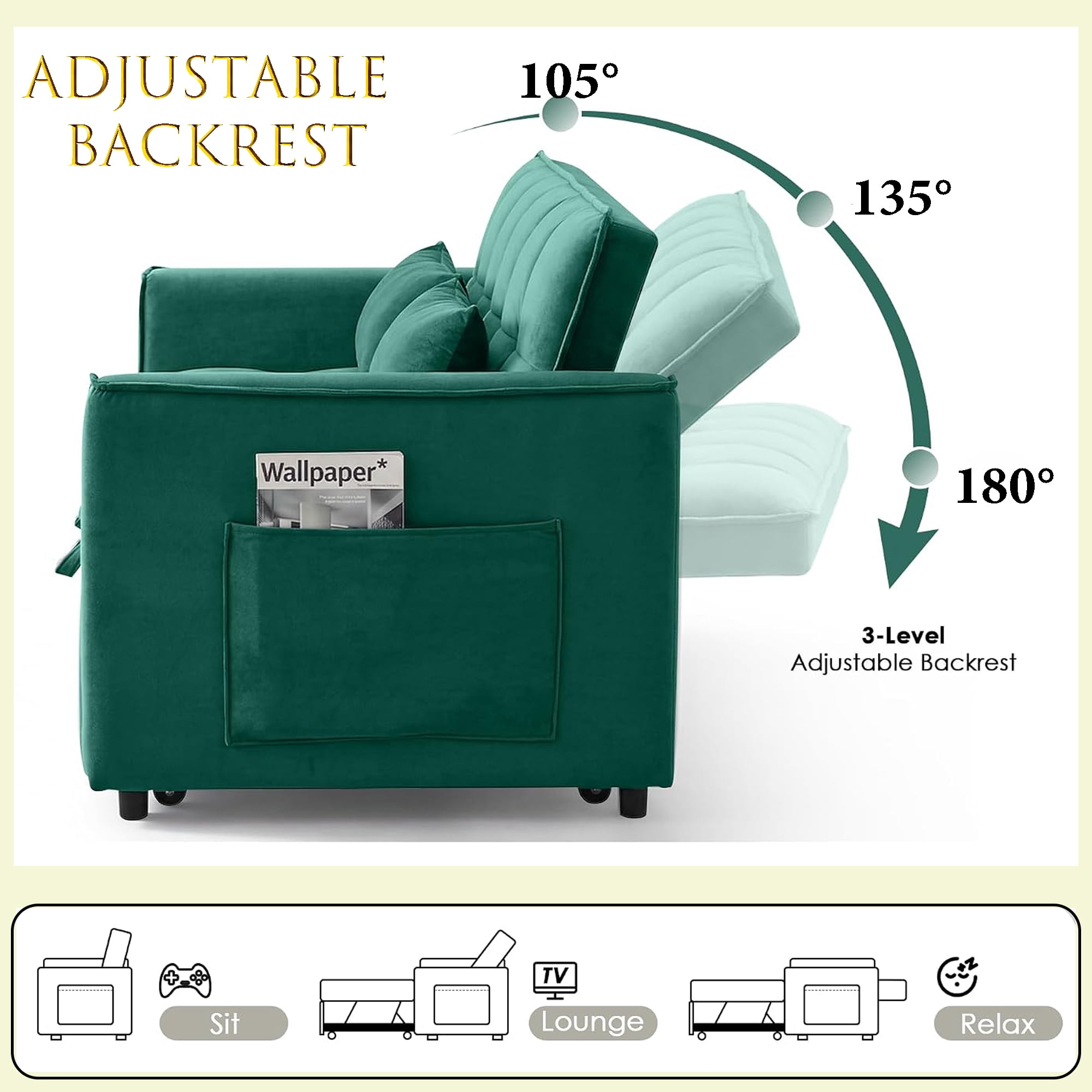 WAKEFIT 54" Pull-Out Sleeper Sofa Bed,3-in-1 Convertible Loveseat Couch with Adjustable Backrest for Small Living Room,Velvet,Green