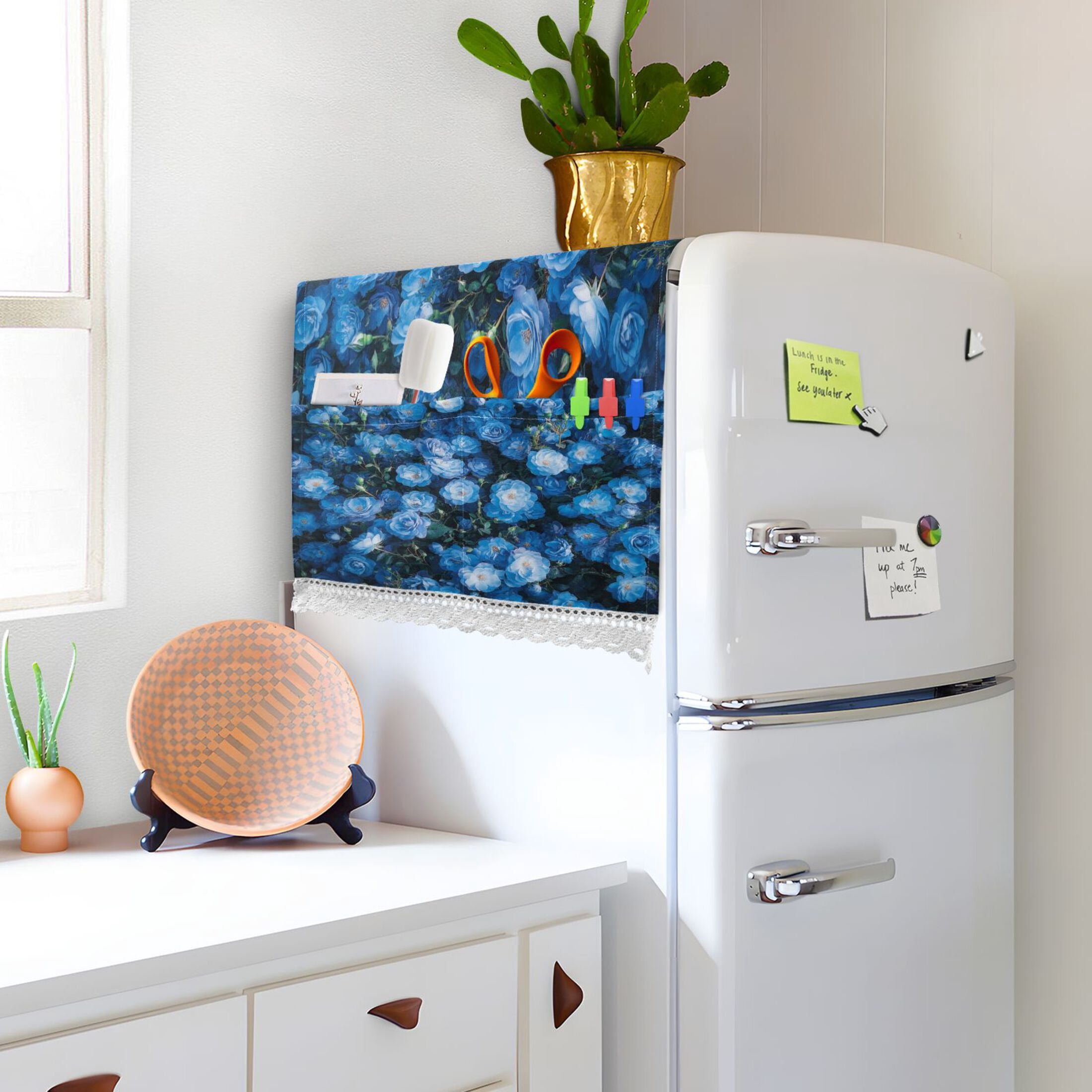Blue RoseWasher and Dryer Covers Dust-Proof and Oil Resistant Fridge Cover with 4 Storage Pockets Washing Machine Top Cover for Laundry Kitchen Home 51.2 x 22 In