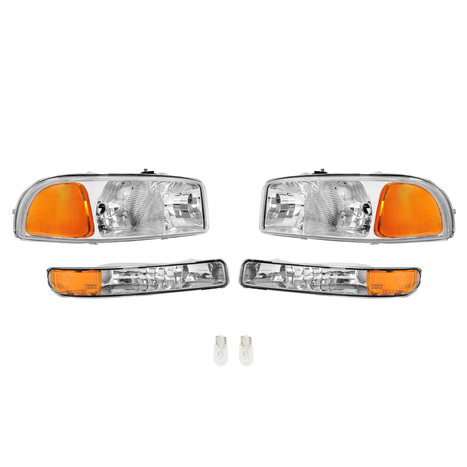 KOJEM Headlights + Bumper Lamps Fit for 1999-2007 GMC Sierra 1500 / 2000-2006 Yukon Chrome Halogen DRL Headlamps Left & Right Clear Lens Chrome Housing Amber Corner Light