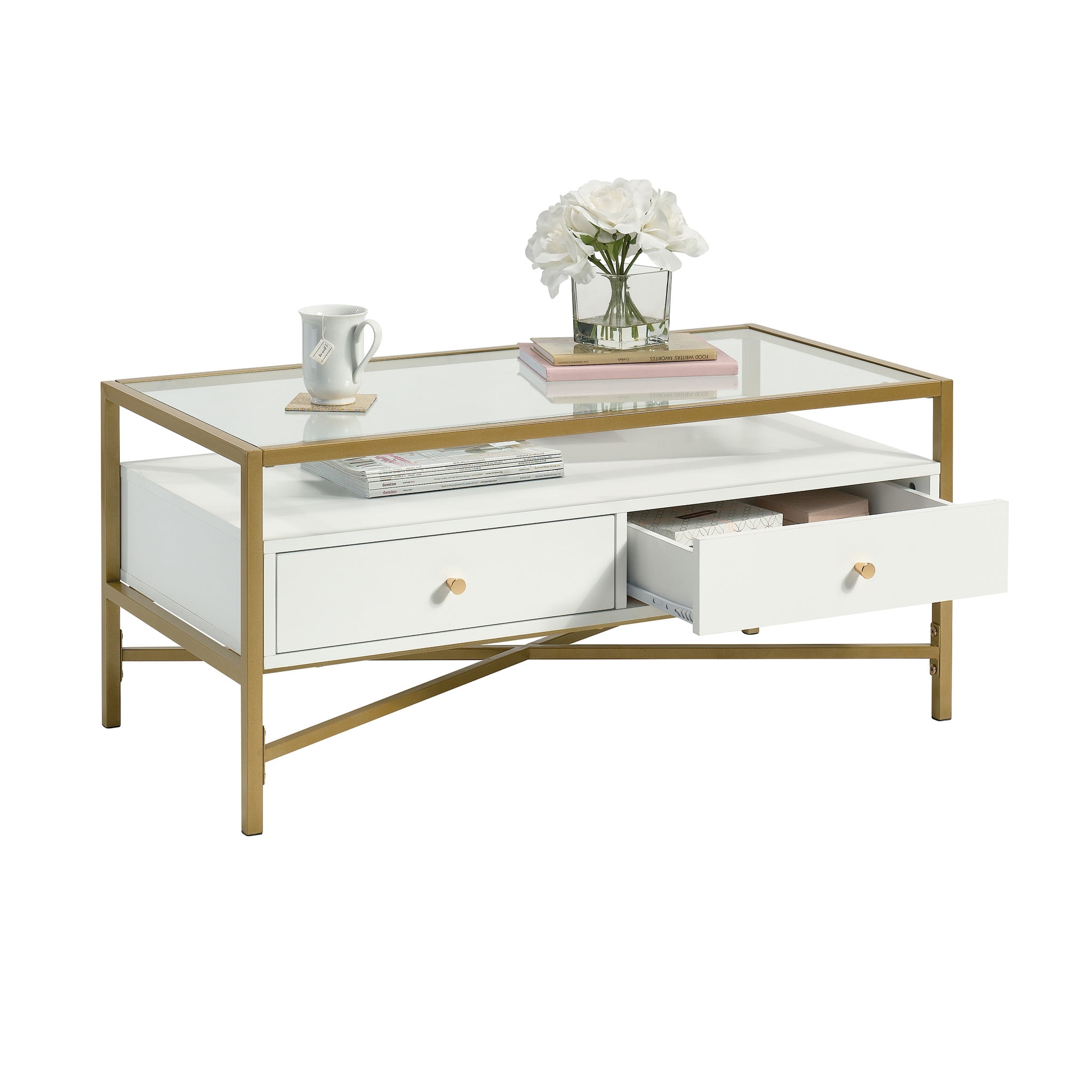 Curiod Glass Top Gold Metal Rectangular Coffee Table with Storage, White  Finish