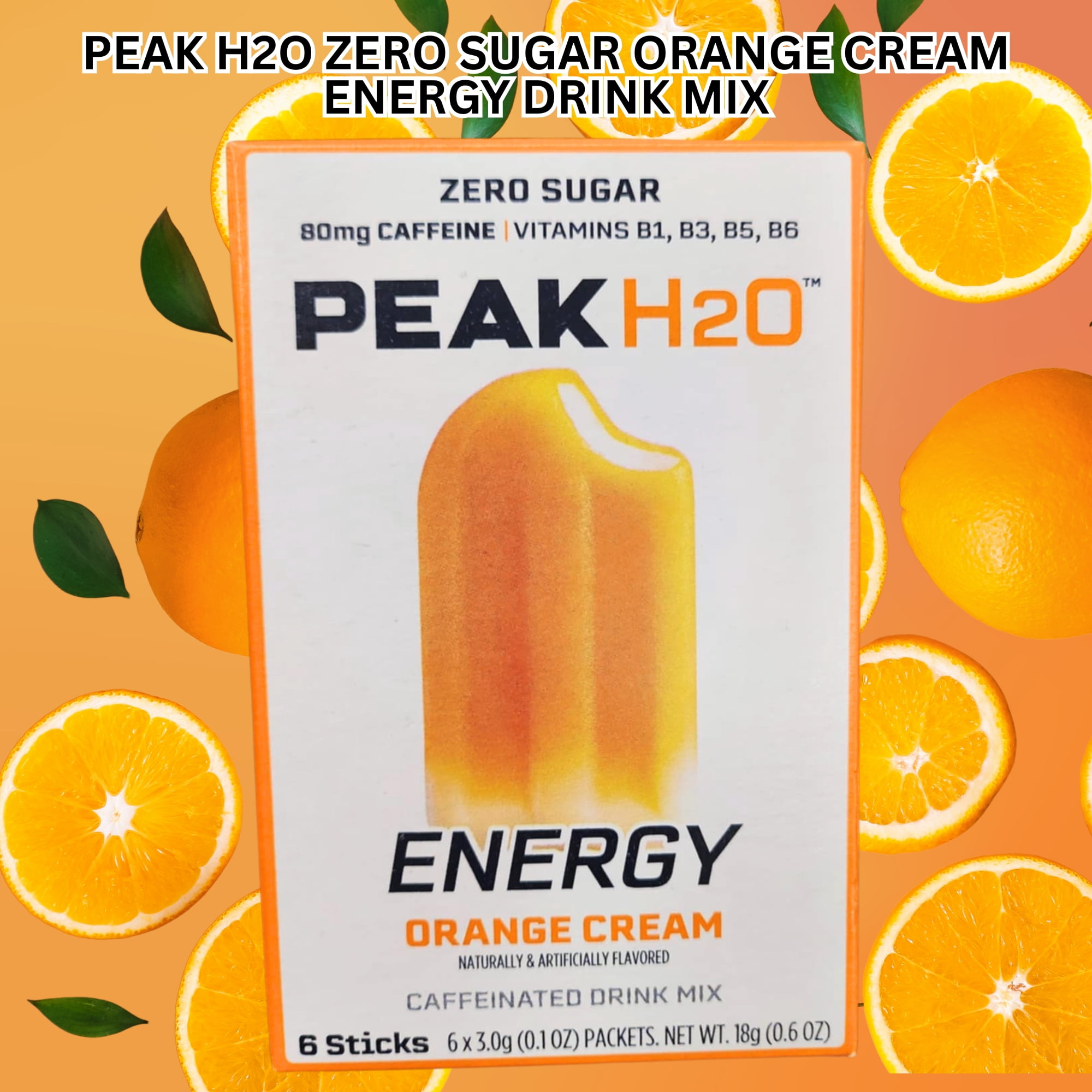 Peak H20 Orange Cream Energy Drink Mix 2 Boxes 12 Total Servings, Zero Sugar Low Calorie Caffeinated Beverage Packets for Sports Gym Workout with Snoep in Beperkte Oplage