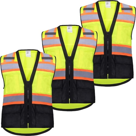 

ProtectX 3 Pack 6 Pockets High Visibility Zipper Front Safety Vest with Reflective Tape Strips Lightweight & Solid Fabric ANSI/ISEA Certified Class 2 3-Pack Lime Green-Black - 3X Large