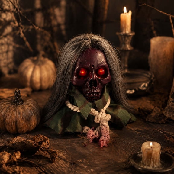 Animated Walking Skull Head with Light-Up Red Eyes Creepy Moving Halloween Prop with Long Grey Hair Horror Music Motorized Resin Decoration for Party Yard Indoor Outdoor Spooky Decor Gift