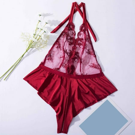 uublik Womens Lingerie Set Valentine s Day Lace Bodysuit V Neck Nightgown Sleepwear Wine S
