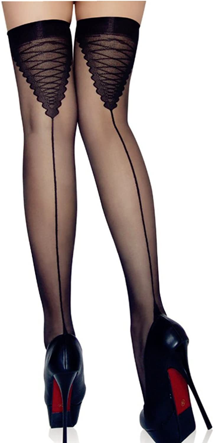 Silky Barely Black Sheer Seamed Stockings - Cuban Heel - Thigh High - Size M