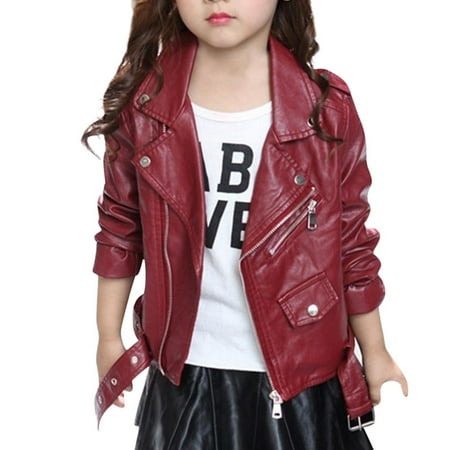 

Sodopo Baby Girls Kids Outfits Spring Autumn Motorcycle PU Faux Leather Lapel Jacket Oblique Zipper Outerwear Winter Coat for 3-13Y