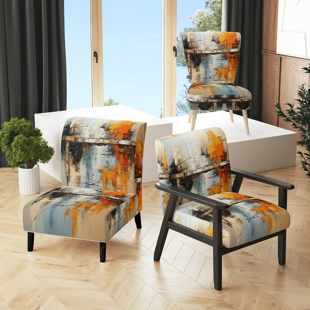 Designart "Green Orange Bold Flow composition" Green Abstract Collages Upholstered Accent Chair - Modern Arm Chair For Bedroom