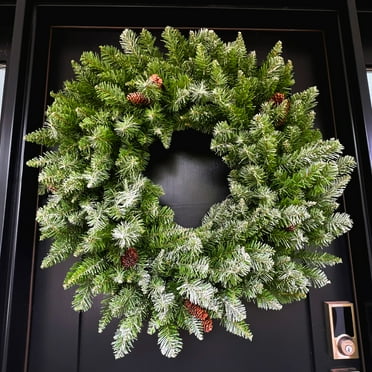 Fraser Hill Farm 36" Frosted Pine Wreath Door Hanging with Pinecones, No Lights