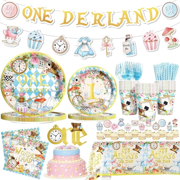 1st Birthday Party Decorations for Girls-Wonderland Theme Tableware Supplies with Plates, Napkins, Cups, Cutlery, Serves 24, Perfect for Tea Party 197PCs