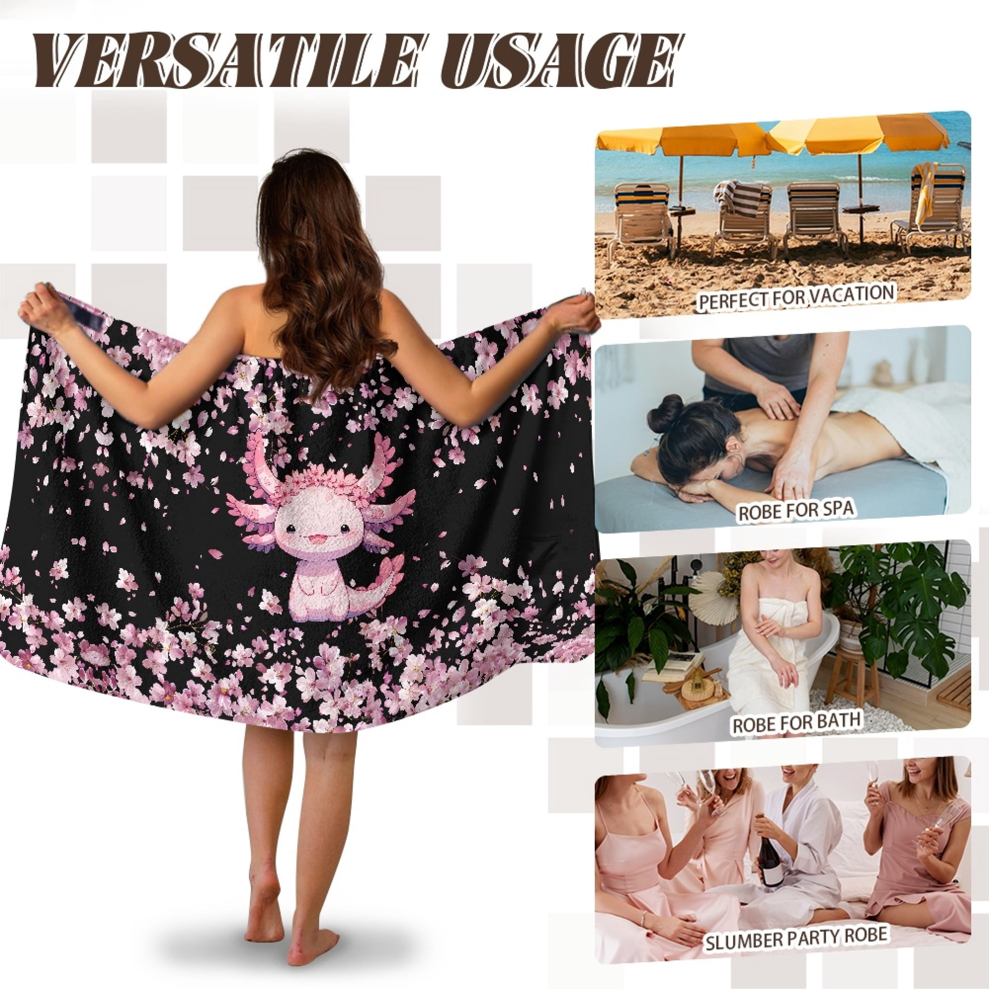 Yuyamidu Cherry Blossom Towel Wrap for Women Comfy Bath Wrap with Pocket Multipurpose Bath Towels Reusable Shower Wrap Towel Quick Dry Bath Robe Size M