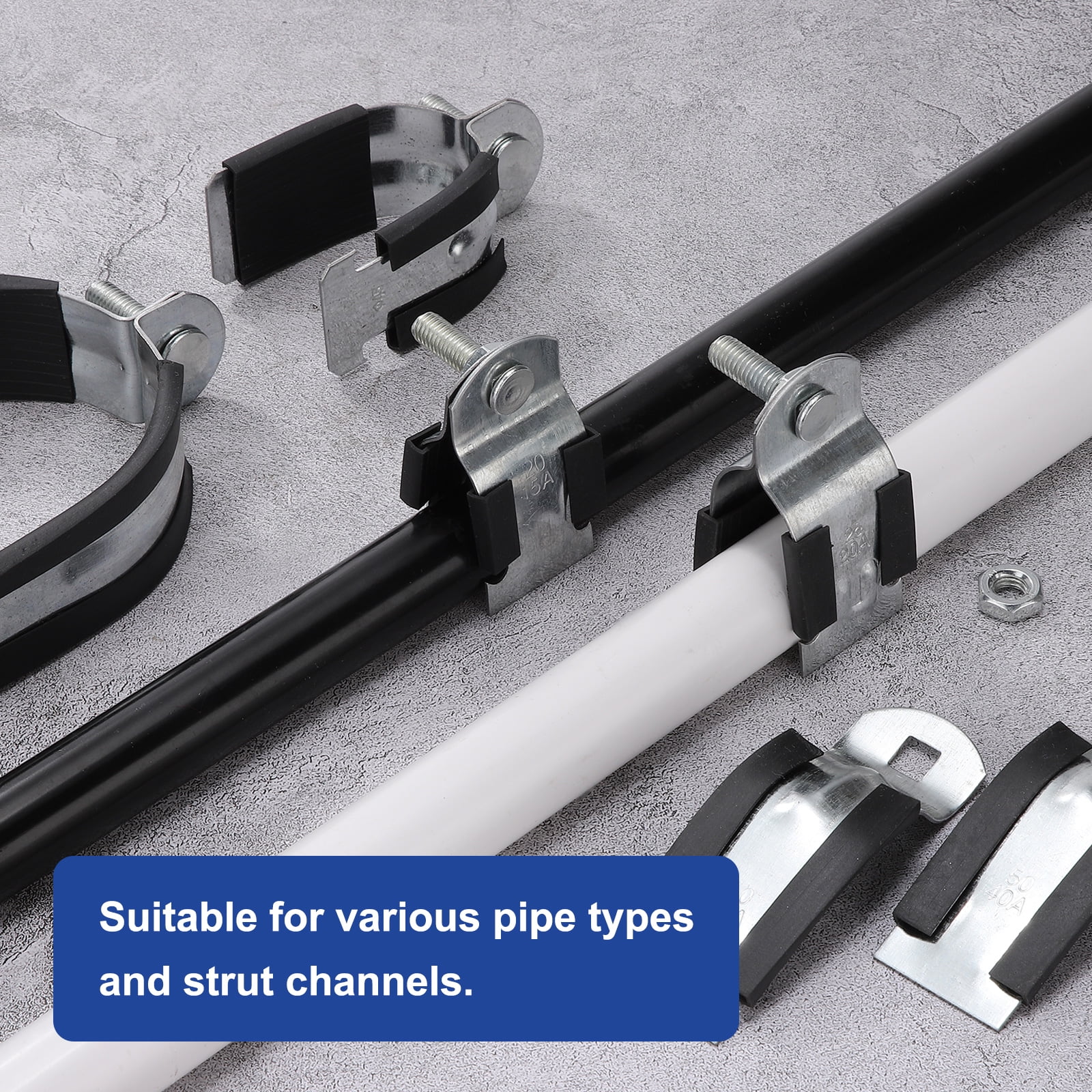 Uxcell 10pcs Rubber Cushion Strut Clamp 1" Universal Carbon Steel Strut Clamps with Bolt and Nut for Copper PEX Pipes CVPC Tubing, Silver Black