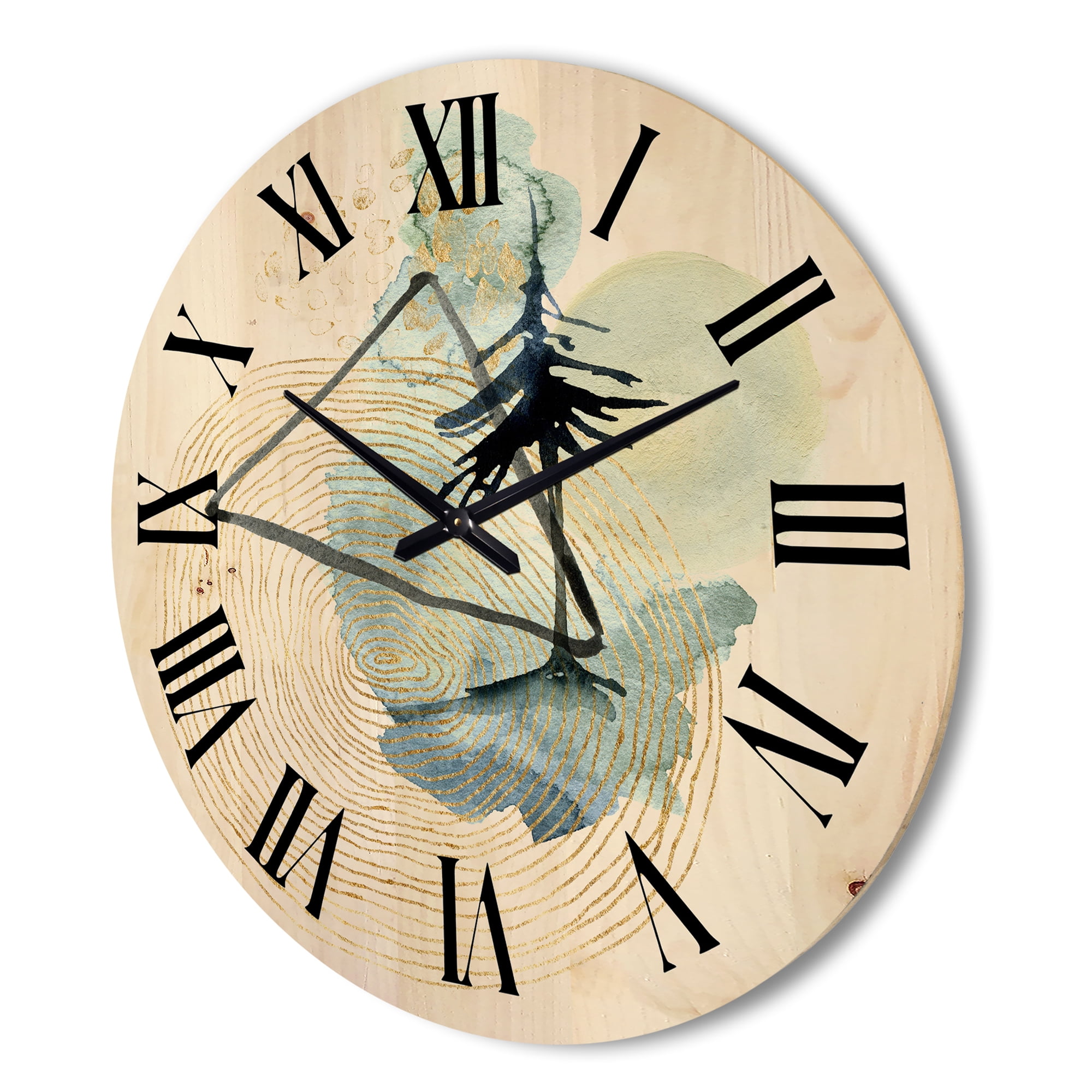 Designart 'Abstract Landscape Of Mountains Tree and Moon' Mid-Century Modern Wood Wall Clock