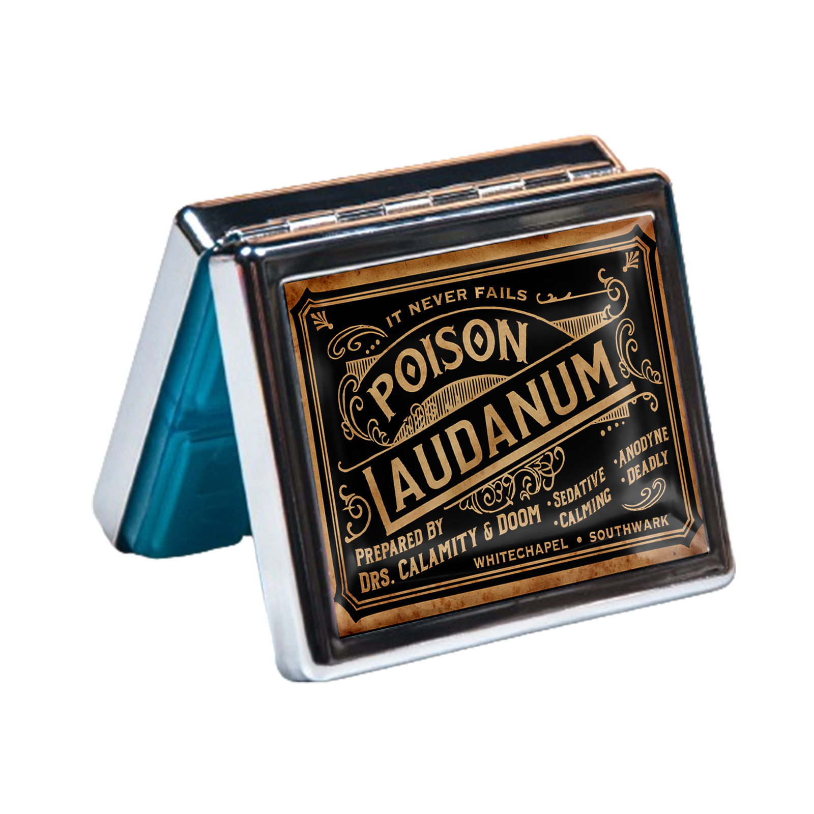 Laudanum 7 Days Chromed Shiny Silver Pill Organizer with Mirror Inside Has 8 Separate Compartments Rectangle Cute Travel Pill Organizer for Purse 7 Days Pill Box Pill Case