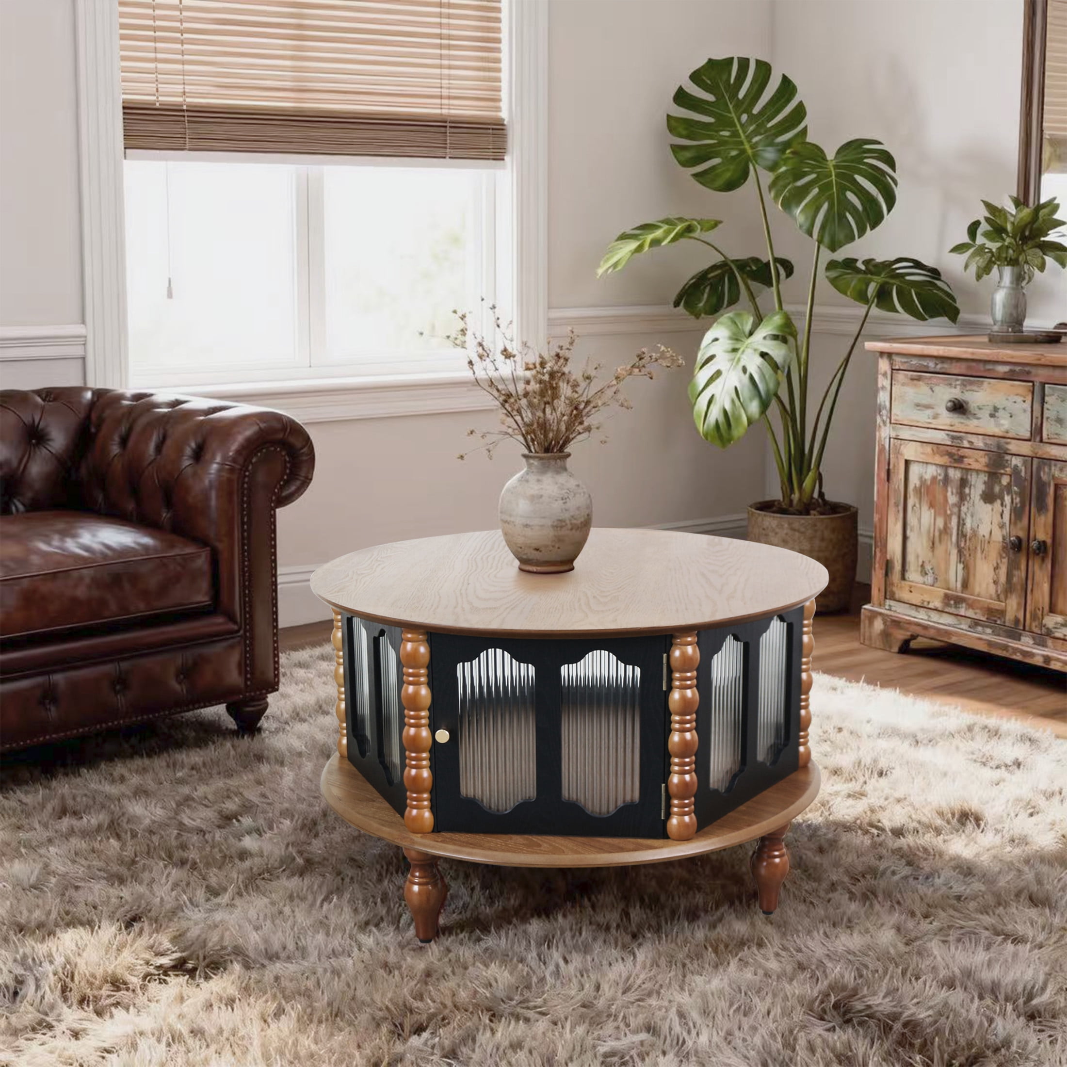 Noble House Mourade 31.5" Round Coffee Table with Storage, Industrial Modern Center Table for Small Spaces, Brown
