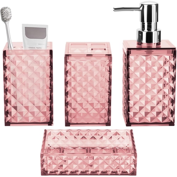 Bathroom Accessory Set, Grid Pattern 4 Pcs Plastic Bathroom Set Include Soap Dispenser, Soap Dish, Toothbrush Holder, Mousewash Cup, Modern Bahtroom Décor Set(Pink)