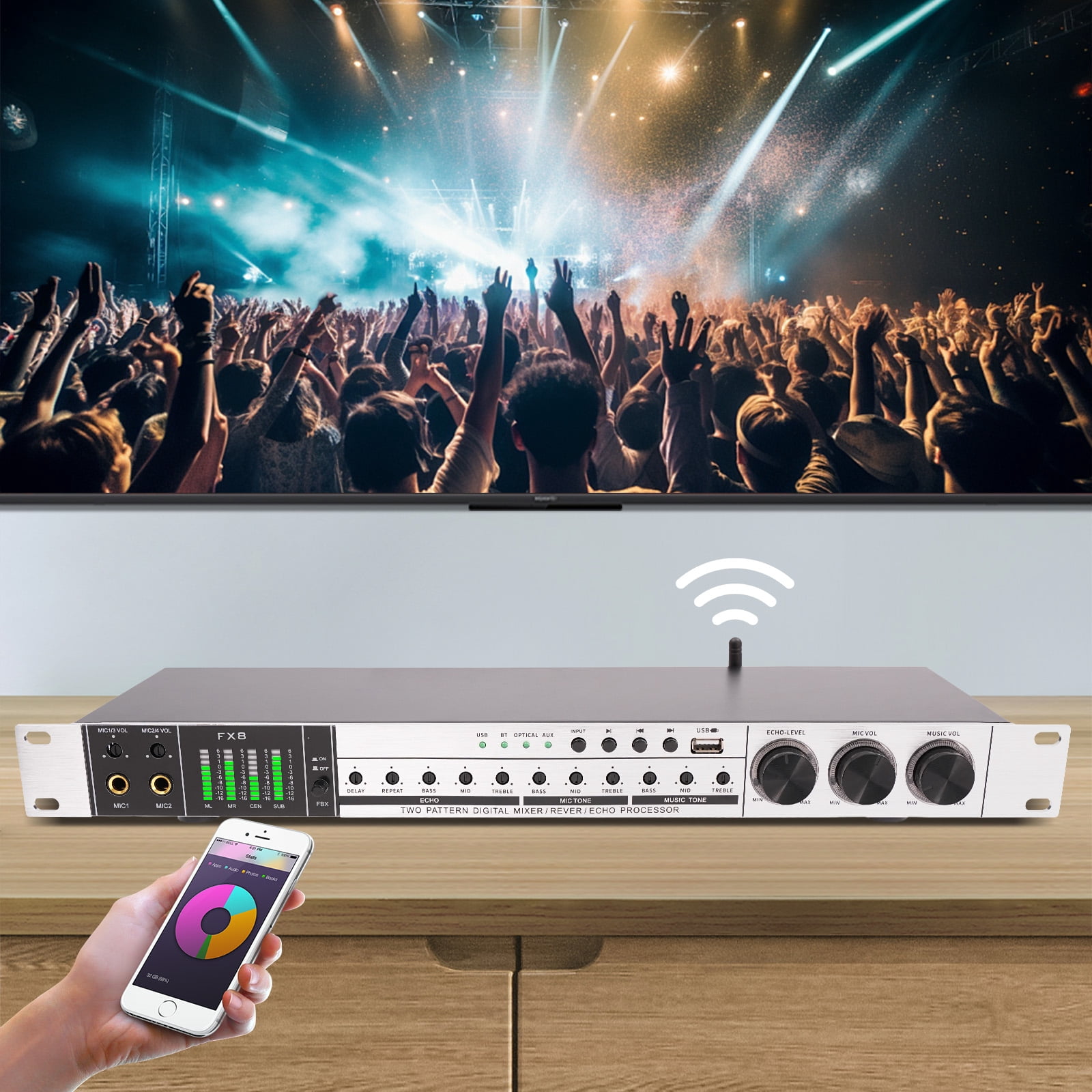 Wildnix 2-Channel Audio Processor Mixer with Bluetooth, Phantom Power, and Real-time Monitoring for Clear Sound Quality