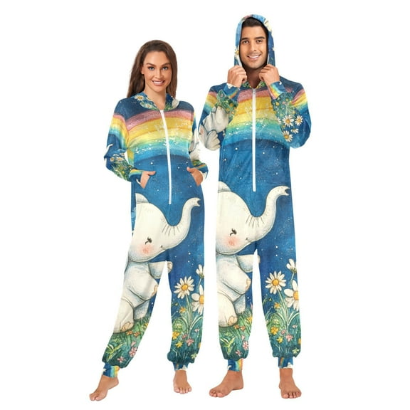 Little Elephants Rainbow Adult Onesie Pajamas Slim Fit Christmas One Piece Suit Pjs for Women and Men Hooded Zipper