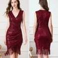 thumbnail image 6 of Huhudde Sophisticated Sequins Embellished Sleeveless Ruched Bodycon Dress with Asymmetrical Fringe Tassels Wrap V Neck for Women, 6 of 13