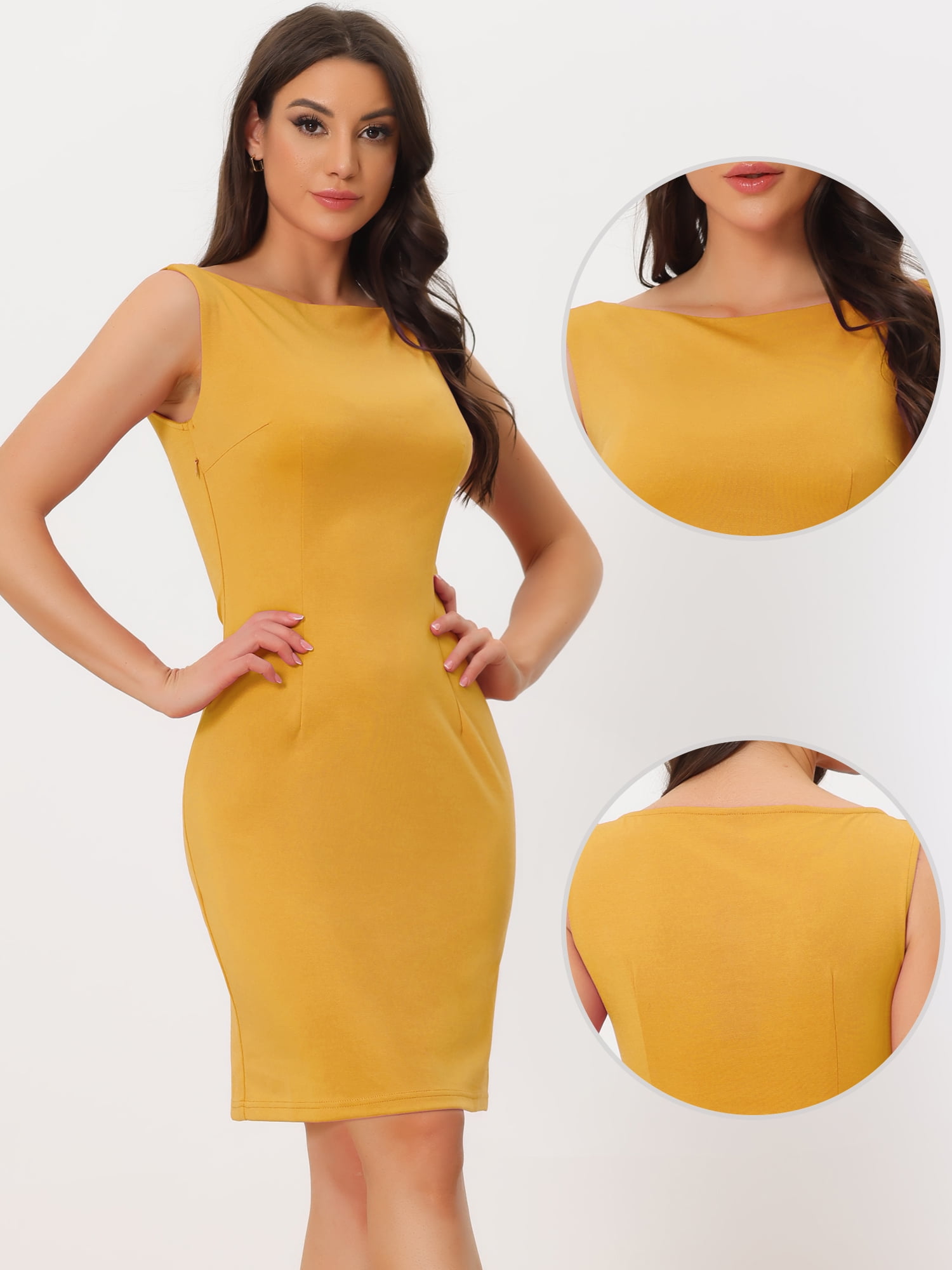 DARING DIVA Sleeveless Sheath Dress Boat Neck Casual Office Dresses M Yellow