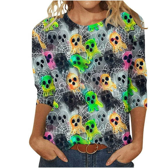 VKOYWKM Womens 3/4 Sleeve Tops and Blouses Halloween Pumpkin Print Tees Fall Crew Neck Loose Spooky T Shirts Halloween Costume