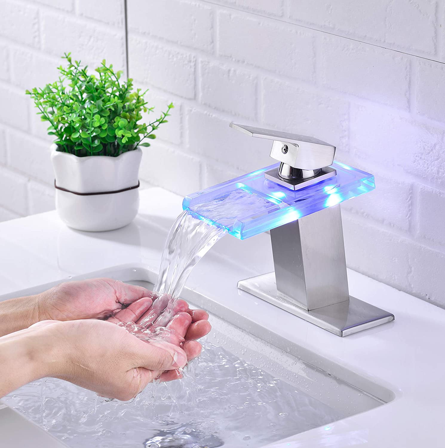 Brushed  Nickel  LED Bathroom Sink Faucet Chrome Waterfall Single Hole Handle Vanity Faucet
