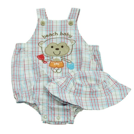 

First Moments Infant Boys Monkey Red Blue Plaid Overall Shorts & Bucket Hat 3m