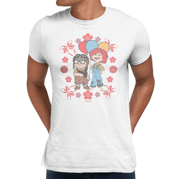 Disney Pixar Up Men's Childhood Friends And Flowers T-Shirt (Bright White, S-XXXL)