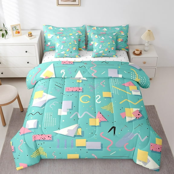 Erosebridal Old Fashion Memphis Bed in a Bag Twin Size, Geometry Bed Set, Teal Pink Orange Bed Sheets Setp with Comforter, Lightweight Room Decor, Reversible 7 Pieces