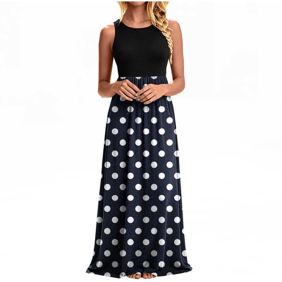 Ygbgbb Women Sleeveless Round Neck Maxi Dress, Elastic High Waist Polka Dot Print Flowy Long Dress for Beach Vacation and Casual Summer Wear Black XL