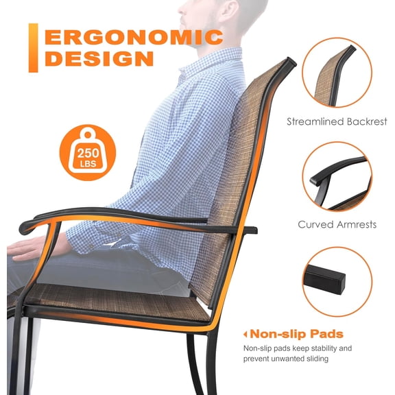 Set of 2 Patio Dining Chairs, High Back Textilene Chairs with Armrest for Indoor Outdoor Use, Iron Frame Patio Furniture Chairs for Garden Deck Backyard Kitchen Restaurant, Black and Brown