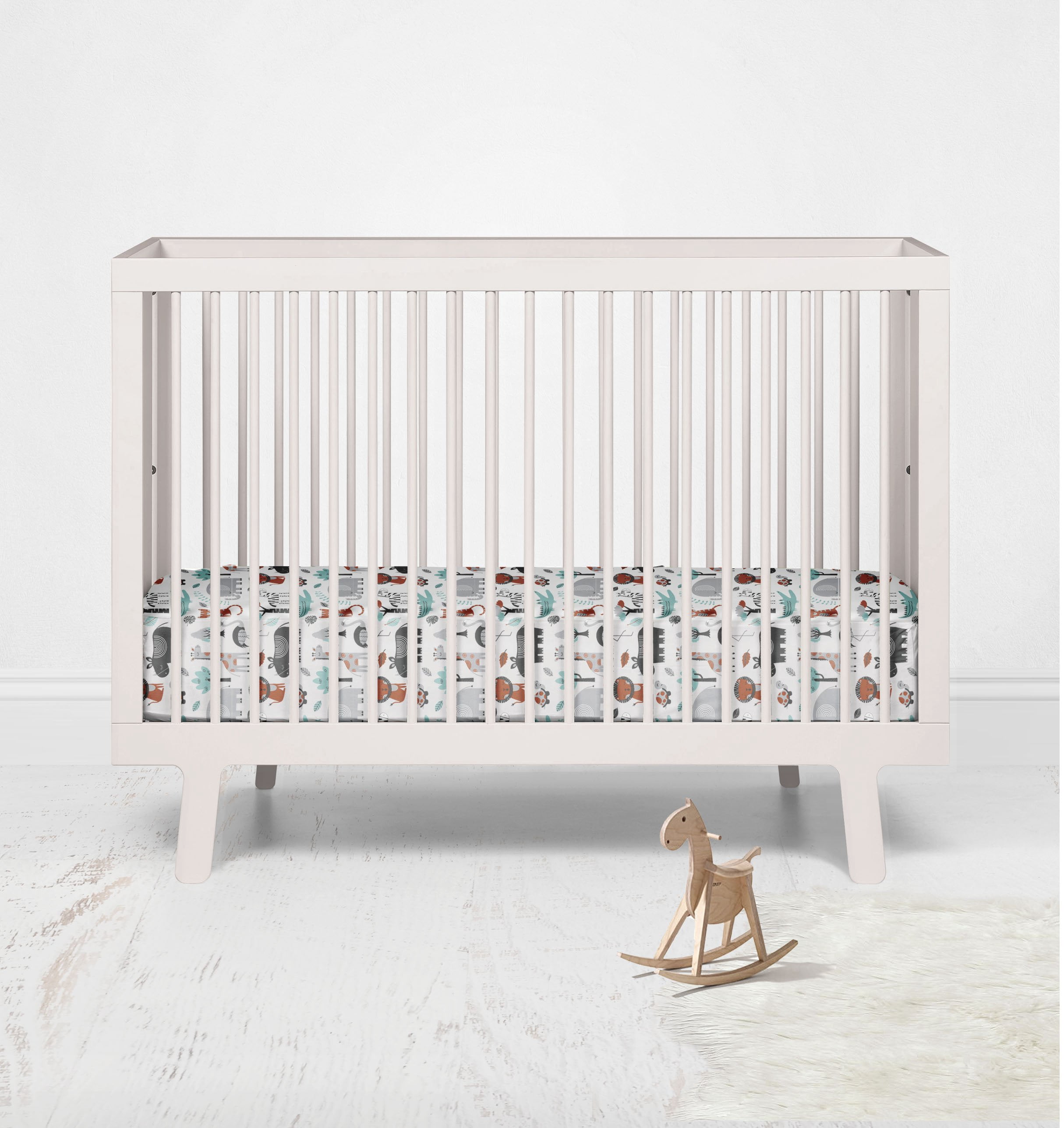 Crib or Toddler Bed Fitted Sheet 100% Cotton Percale, Safari Jungle Aqua/Orange/Grey
