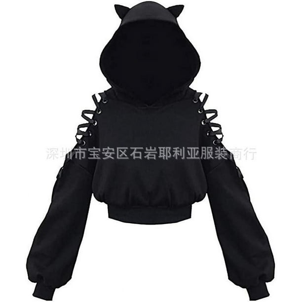 BRIGHTFUFU Linda sudadera con capucha de oreja de gato para adolescentes chicas negras top de jaleo sudadera con capucha de manga larga para ropa de manga larga para ropa casual y deportes l