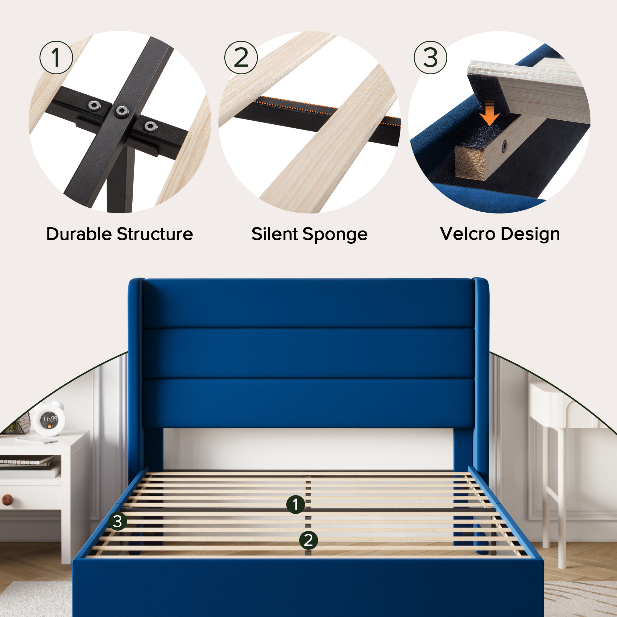 Einfach Queen Size Luxury Velvet Upholstered Platform Bed Frame with Wingback Headboard, Dark Blue