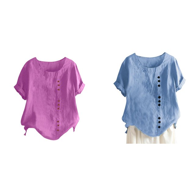 (2-Pack) Rinsvye Women's Solid Color Round athletic Long Sleeve Shirt Women Neck Raglan Sleeve Hem T Shirts Women Set Slit Loose Short Sleeve Long Sleeve T Shirt Women Set Button Decoration Casual T