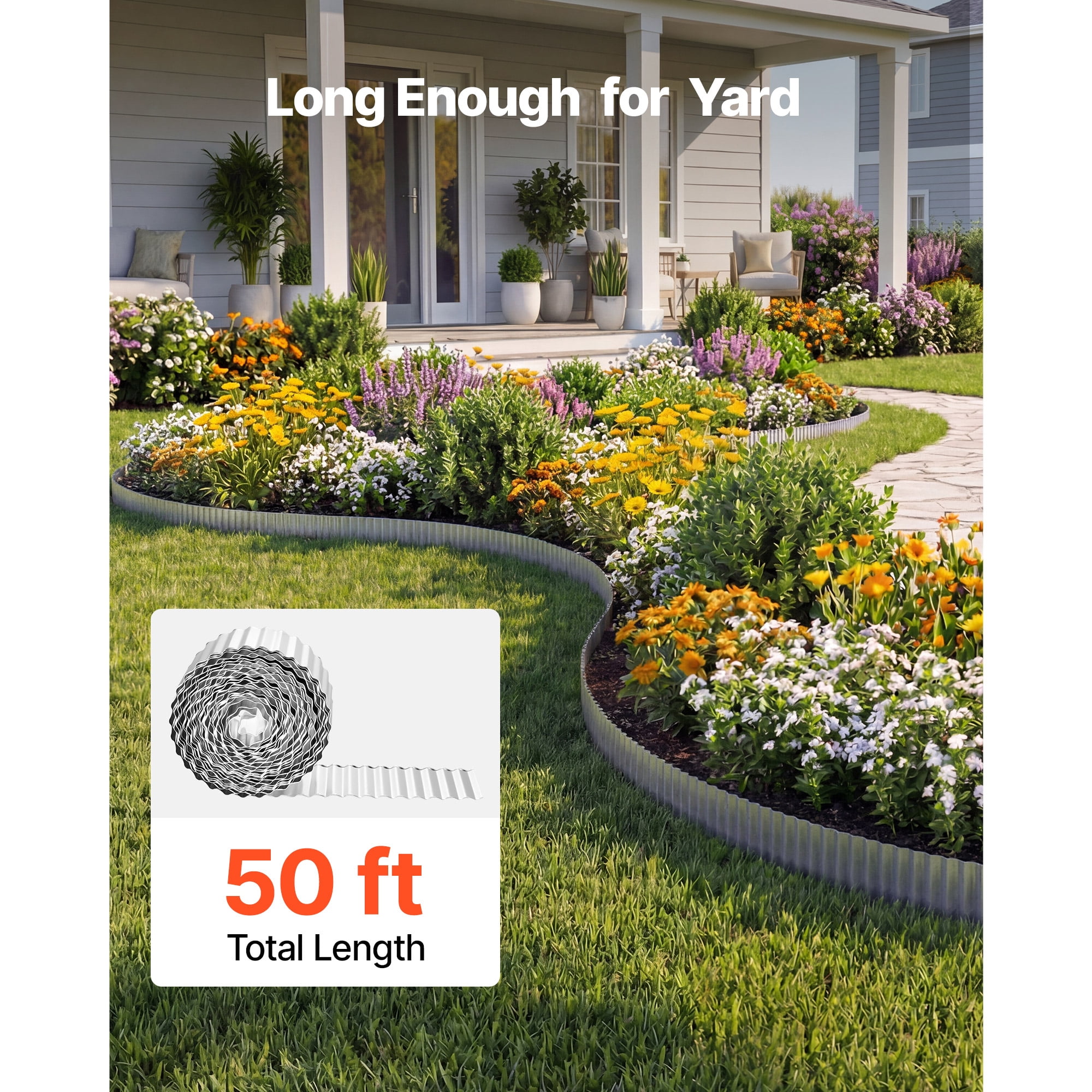 KFFKFF Galvanized Steel Landscape Edging, 50 ft x 6 in Metal Strips for Landscaping with Gloves, Flexible and Easy-to-Install Design, Durable Garden Edge Border for Flower Beds and Pathways