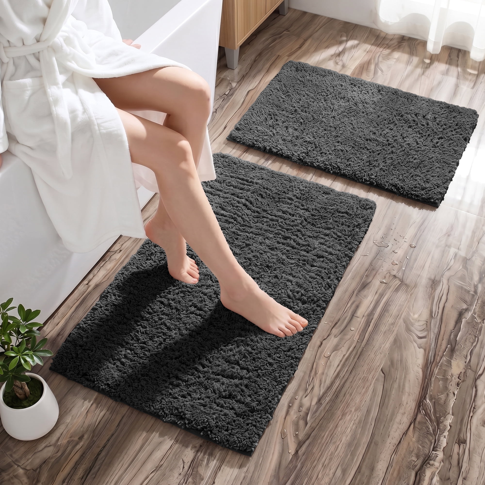 XWZO Bathroom Mat 1 Piece for Shower Floor, High Pile Absorbent Non Slip Bath Rug with Rubber Backing, Dark Grey, 20x31 Inch