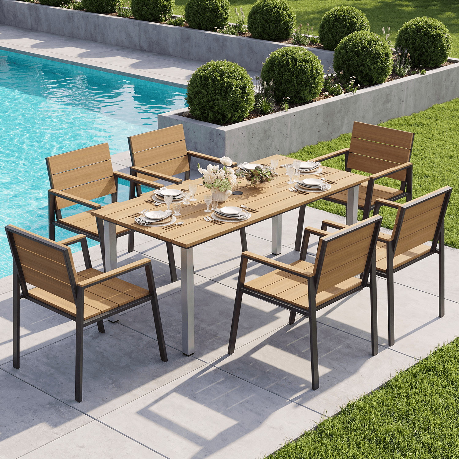 BaPiPro 7-Piece Outdoor Patio Dining Set for 6, Rust-Free HDPS Aluminum Patio Table and Chairs with Umbrella Hole, Heavy Duty All Weather Fade Resistant Maintenance Free Backyard Furniture, Yellow