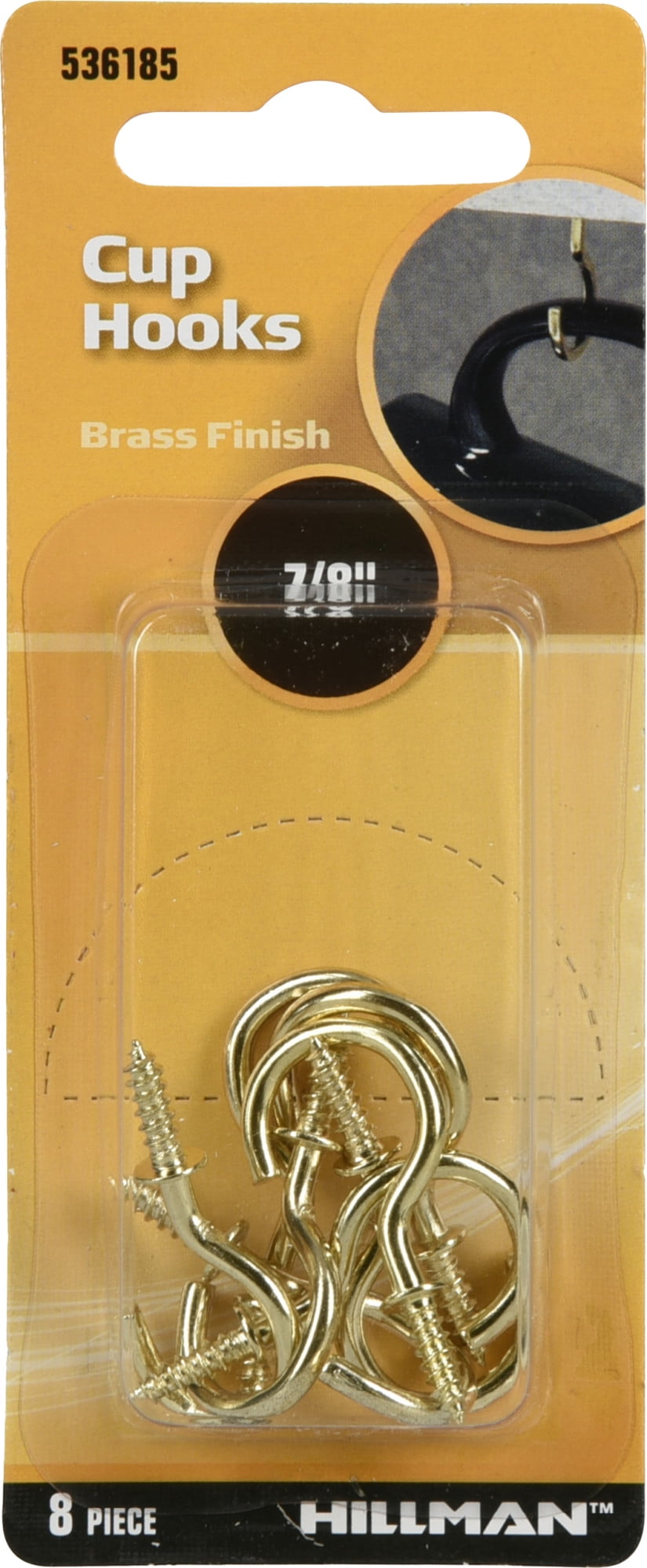 Hillman 536185 Cup Hook, Cup Hanger, Brass 7/8 inch, 8 Pack