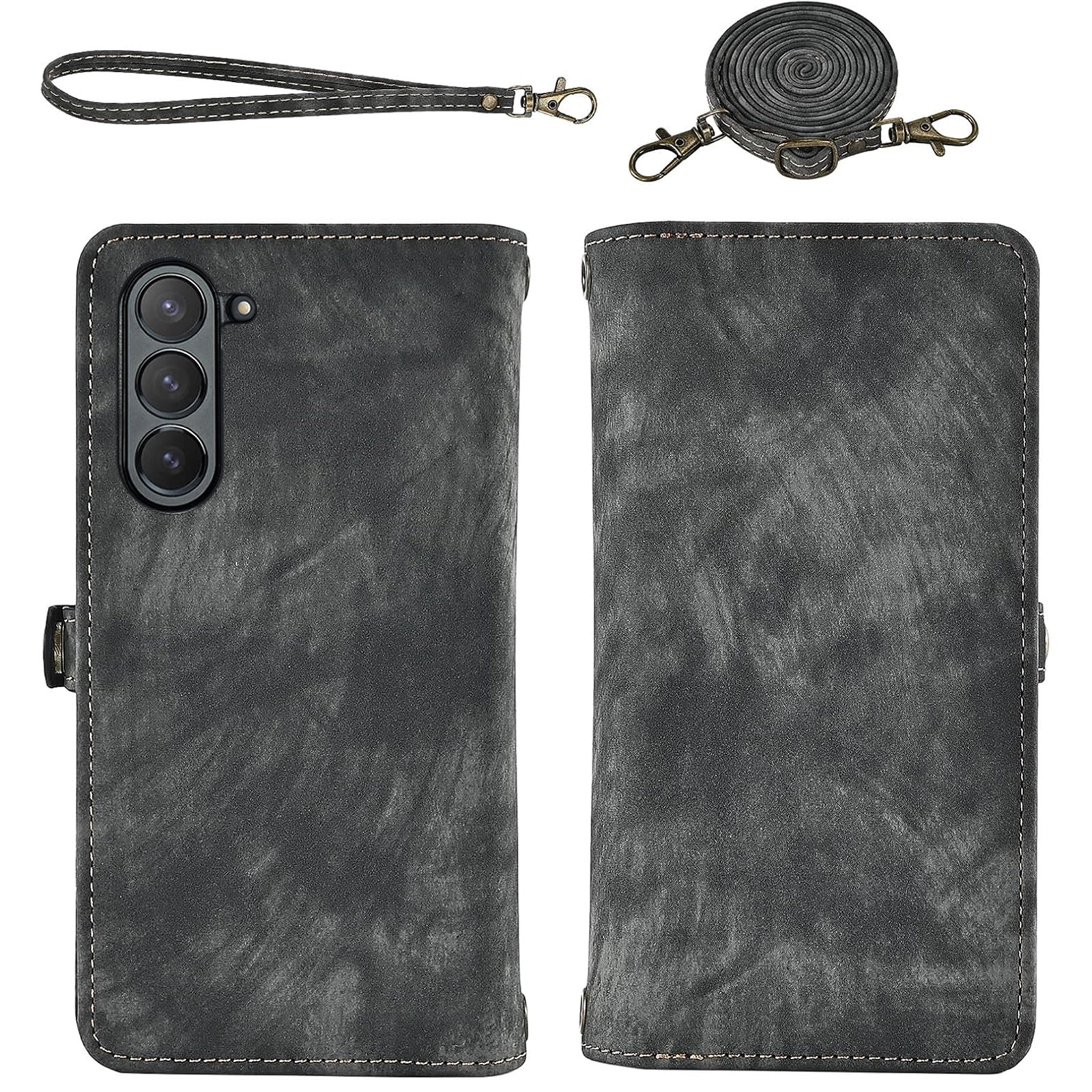 Asuwish Compatible with Samsung Galaxy Z Fold 5 5G 2023 Phone Case Zipper Wallet Detachable Strap Flip Card Holder Cell Cover for ZFold5 Z5 G Fold5 5Z Women Girls Black