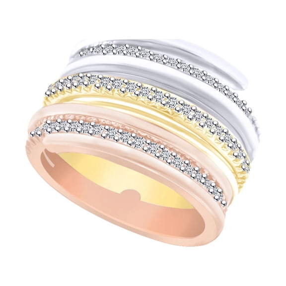 AFFY 0.54 Carat (Ctw) Round Shape White Natural Diamond Tri-Color Wedding Band Ring In 14k Rose Gold Ring Size-4